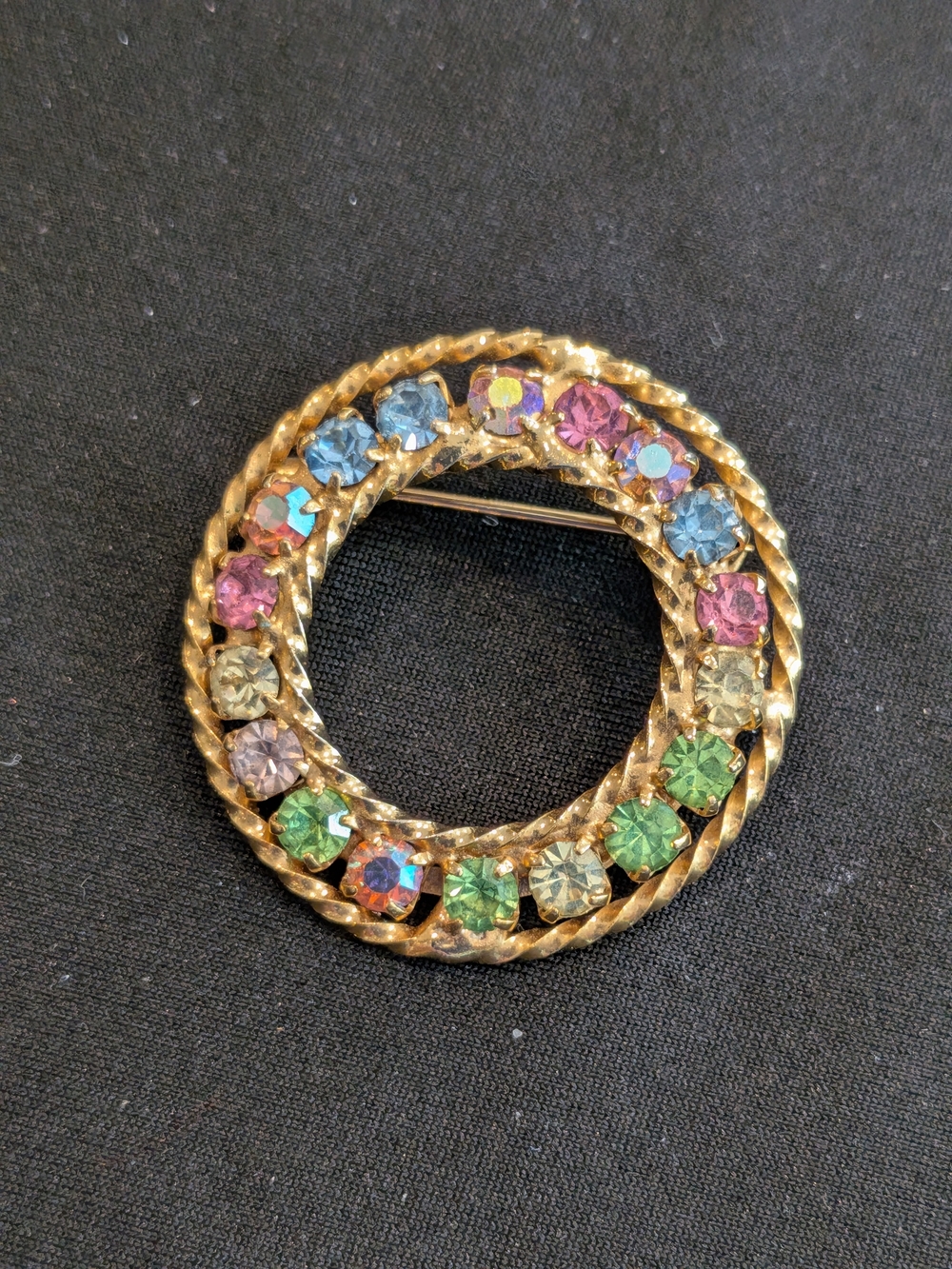 Vintage 1960s -Inspired Multicolor Crystal Circle Brooch - Brand Unknown